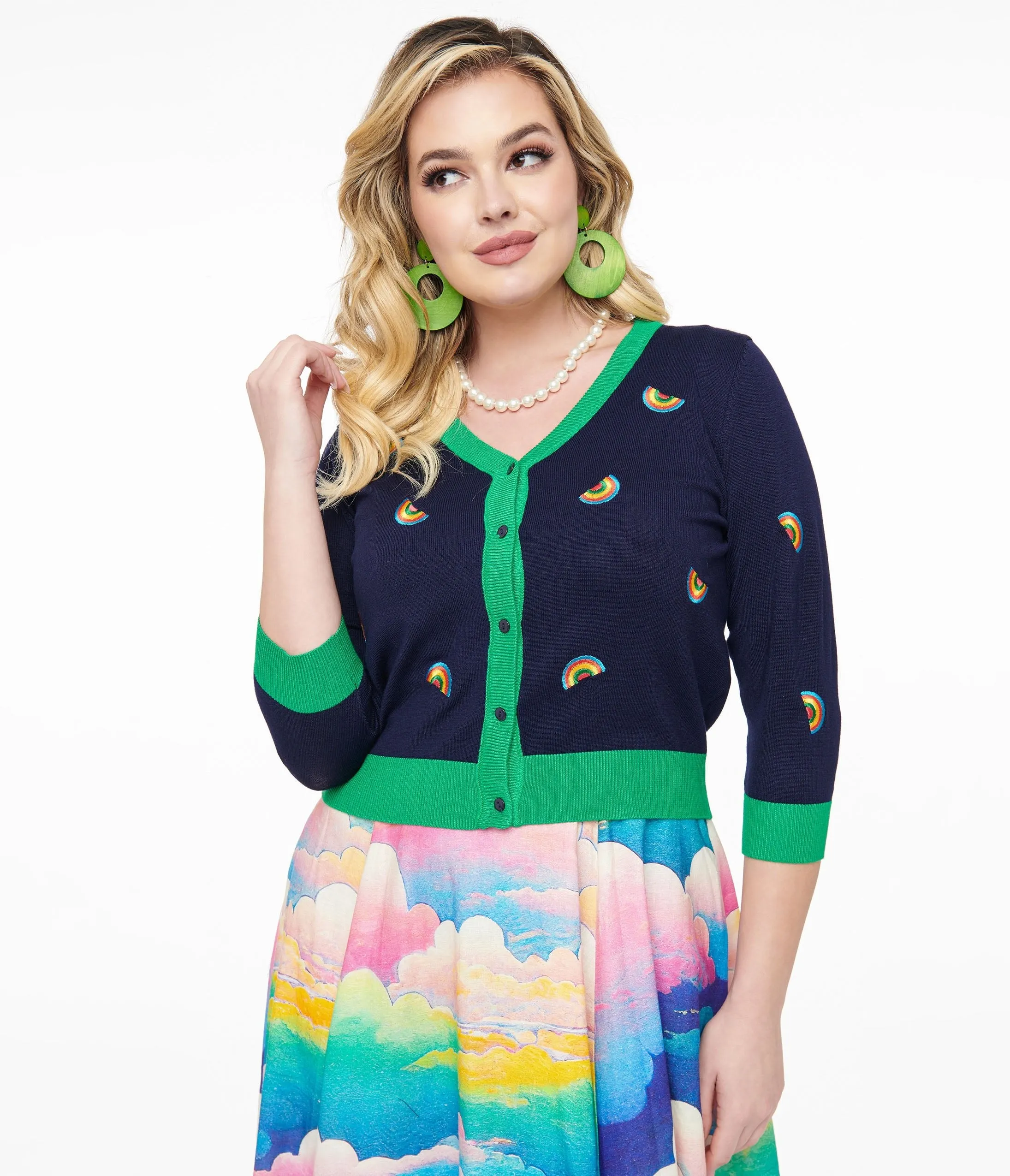 1950s Navy & Green Rainbow Embroidered Skye Cardigan