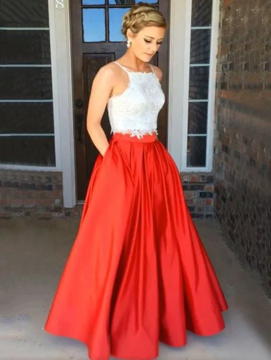 2 Piece White Lace Crop Top Prom Dress Long with Red Skirt for Teens