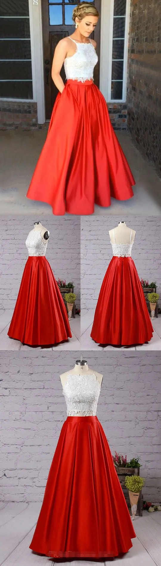 2 Piece White Lace Crop Top Prom Dress Long with Red Skirt for Teens