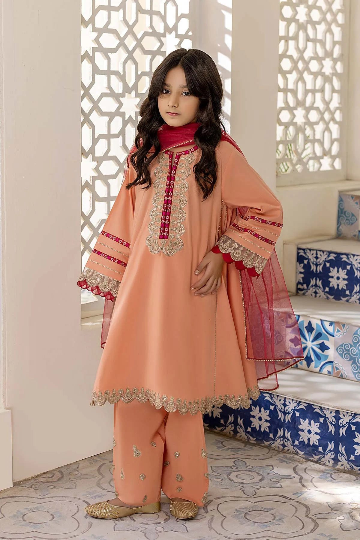 3 PC A-Line Shirt With Net Dupatta and Cotton Shalwar CKP22-12