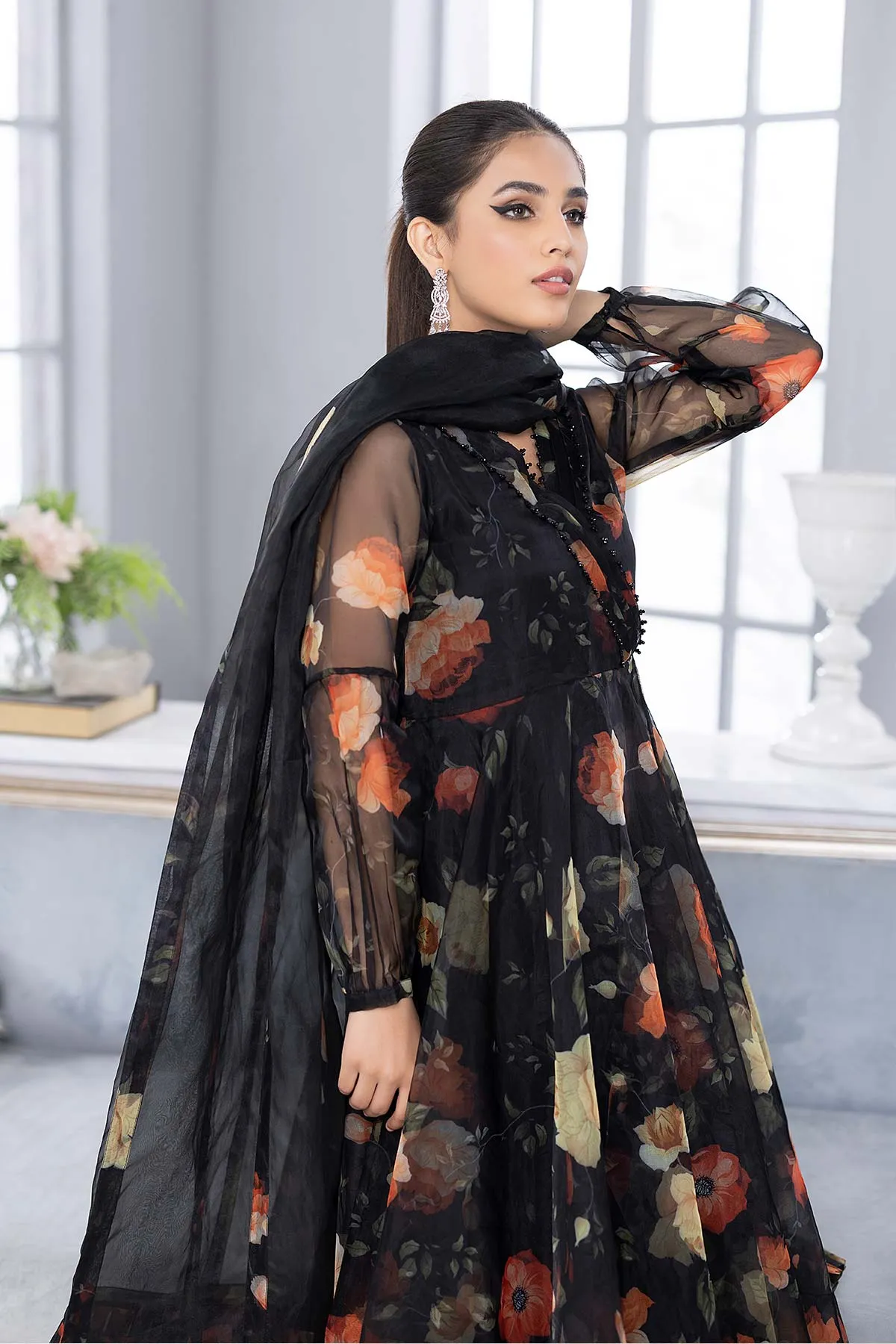 3-Pc Andrakha Long Maxi With Organza Dupatta and Raw Silk Toruser CMA22-55