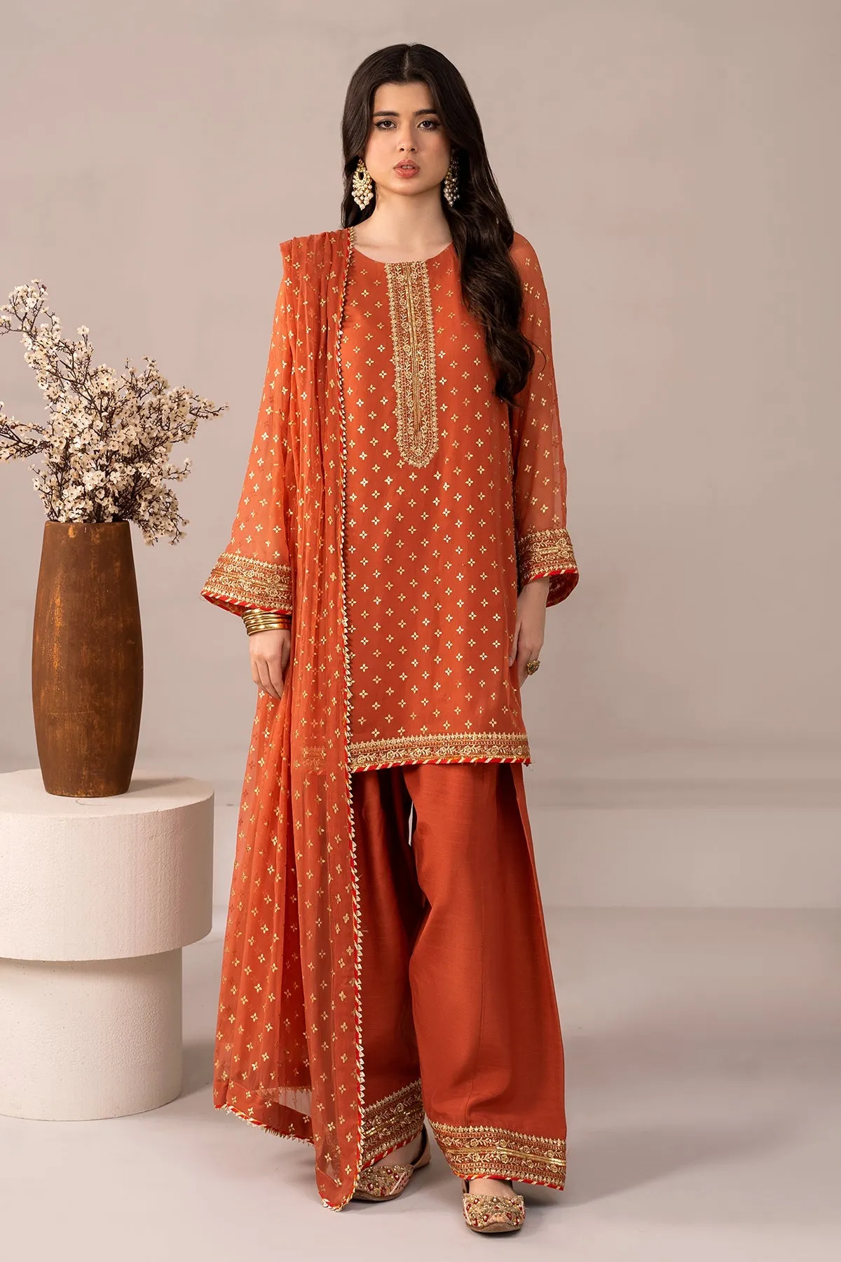 3-PC Embroidered Chiffon Shirt with Chiffon Dupatta and Trouser CMA-3-279