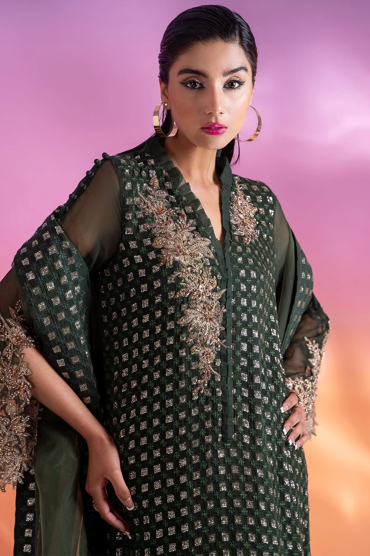 3-PC Embroidered Chiffon Shirt with Organza Dupatta and Trouser CMA-4-254