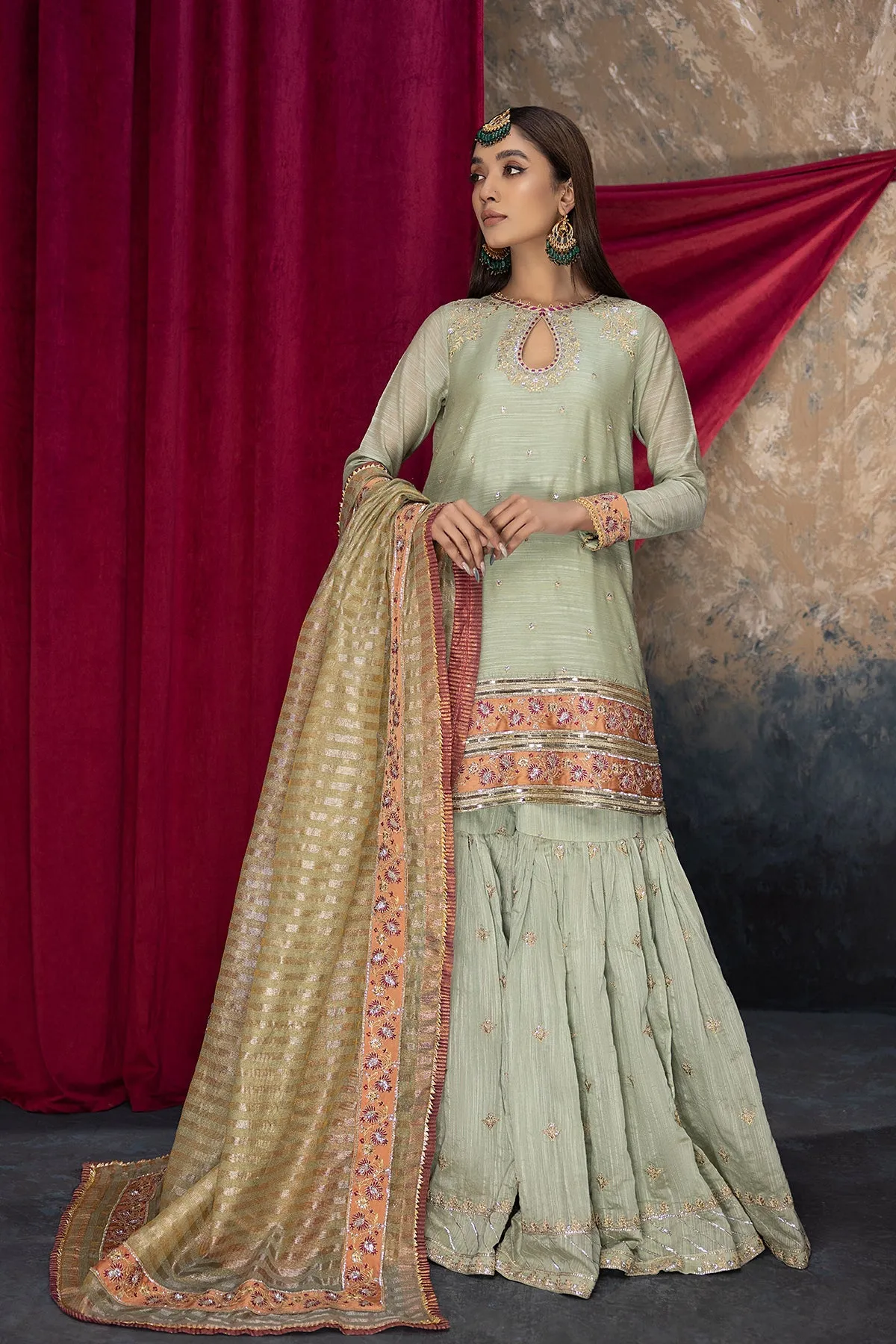 3-Pc Embroidered Kurti With Sharara and Net Embroidered Dupatta CMA23-06