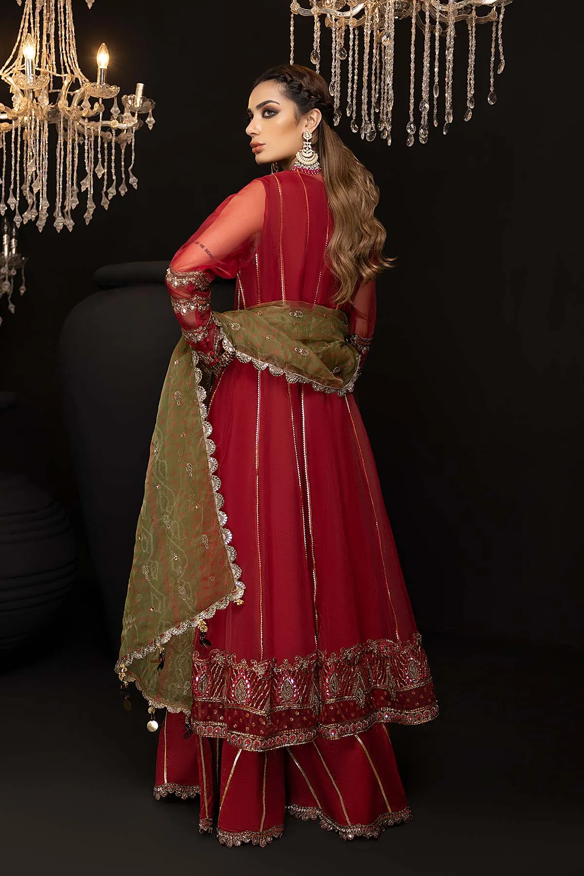 3-Pc Long Front Open Gown With Raw Silk Gharara and Embroidered Dupatta CMA22-61