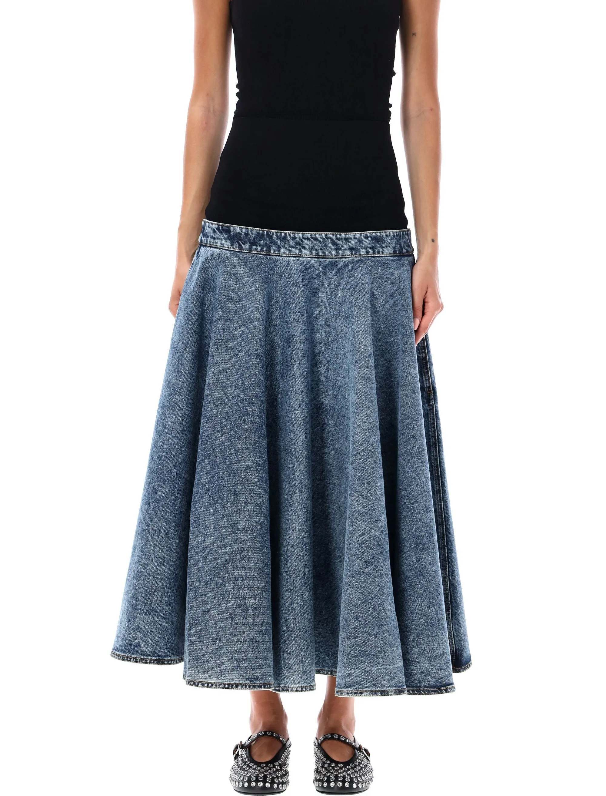 ALAIA Denim Godet Midi Skirt with High-Waisted Belt and Flared Design for Women