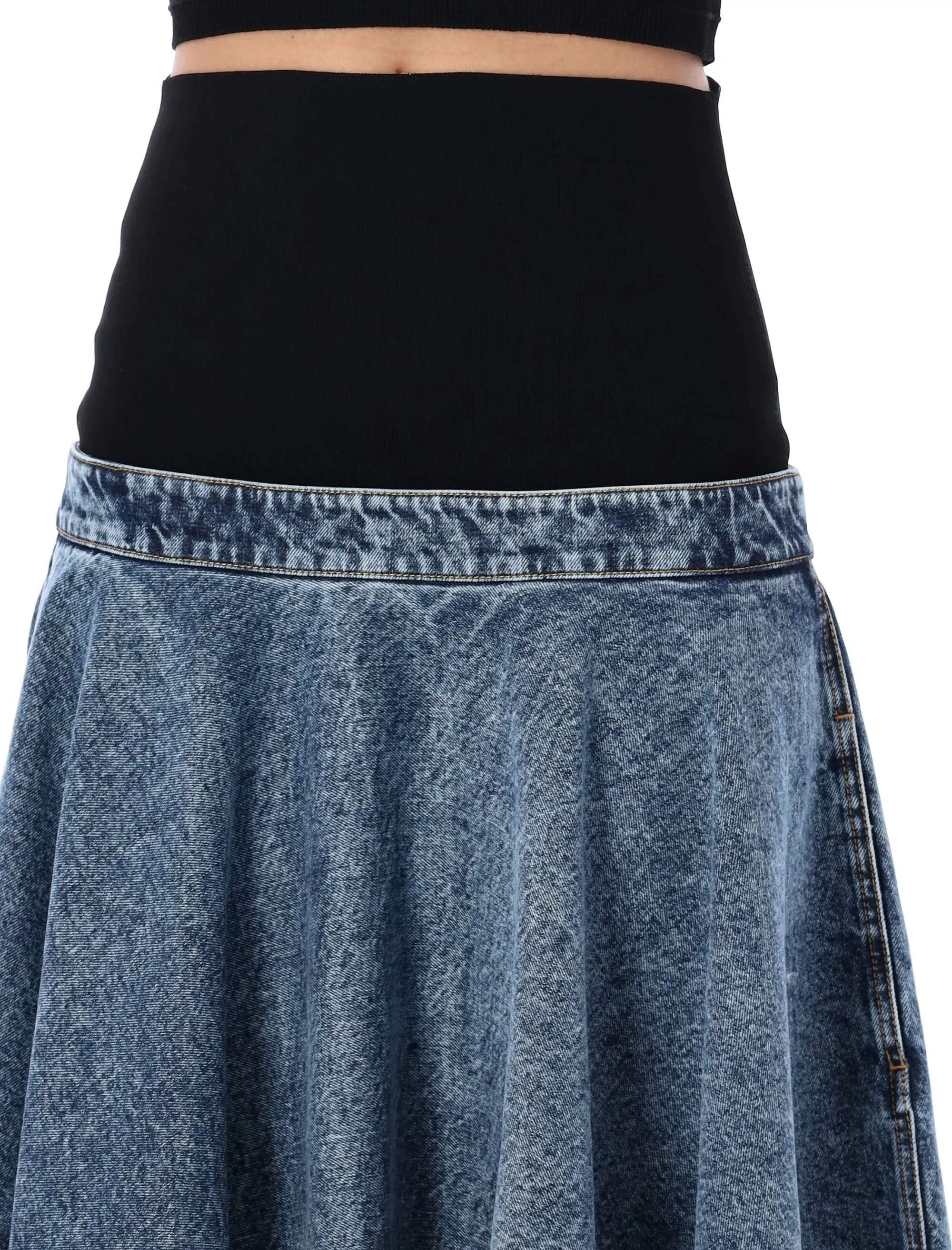 ALAIA Denim Godet Midi Skirt with High-Waisted Belt and Flared Design for Women