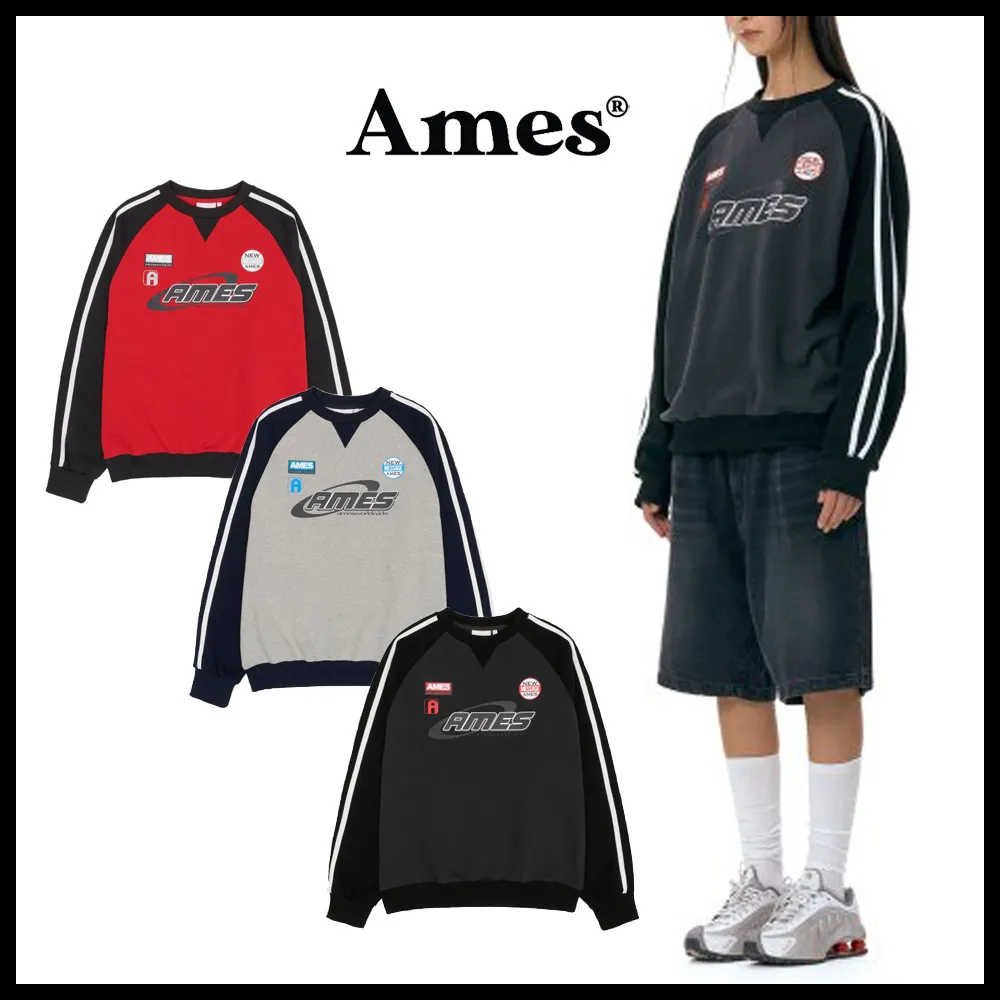 AMES-WORLDWIDE  |Crew Neck Unisex Street Style Long Sleeves Cotton