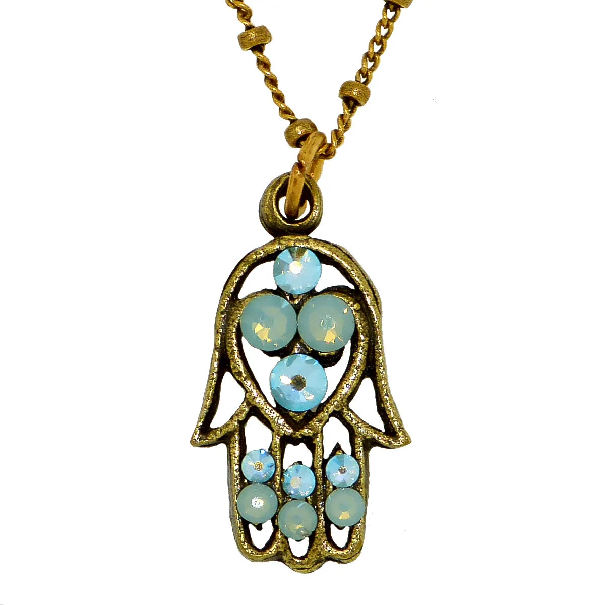 Anne Koplik Hamsa Hand Pendant Necklace Antique Gold Plated Swarovski Jewish