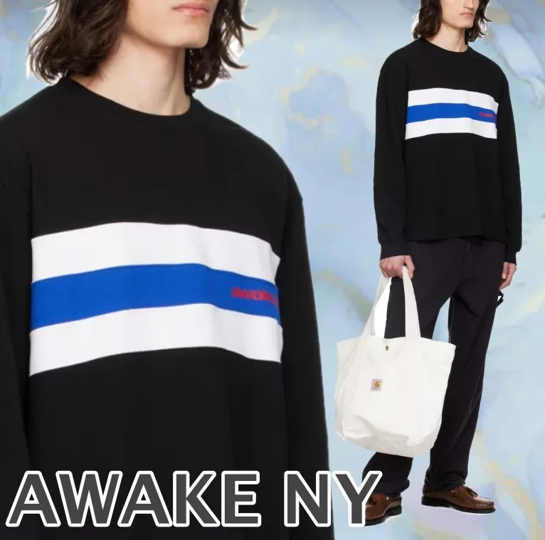 AWAKE NY  |Crew Neck Stripes Street Style Long Sleeves Cotton