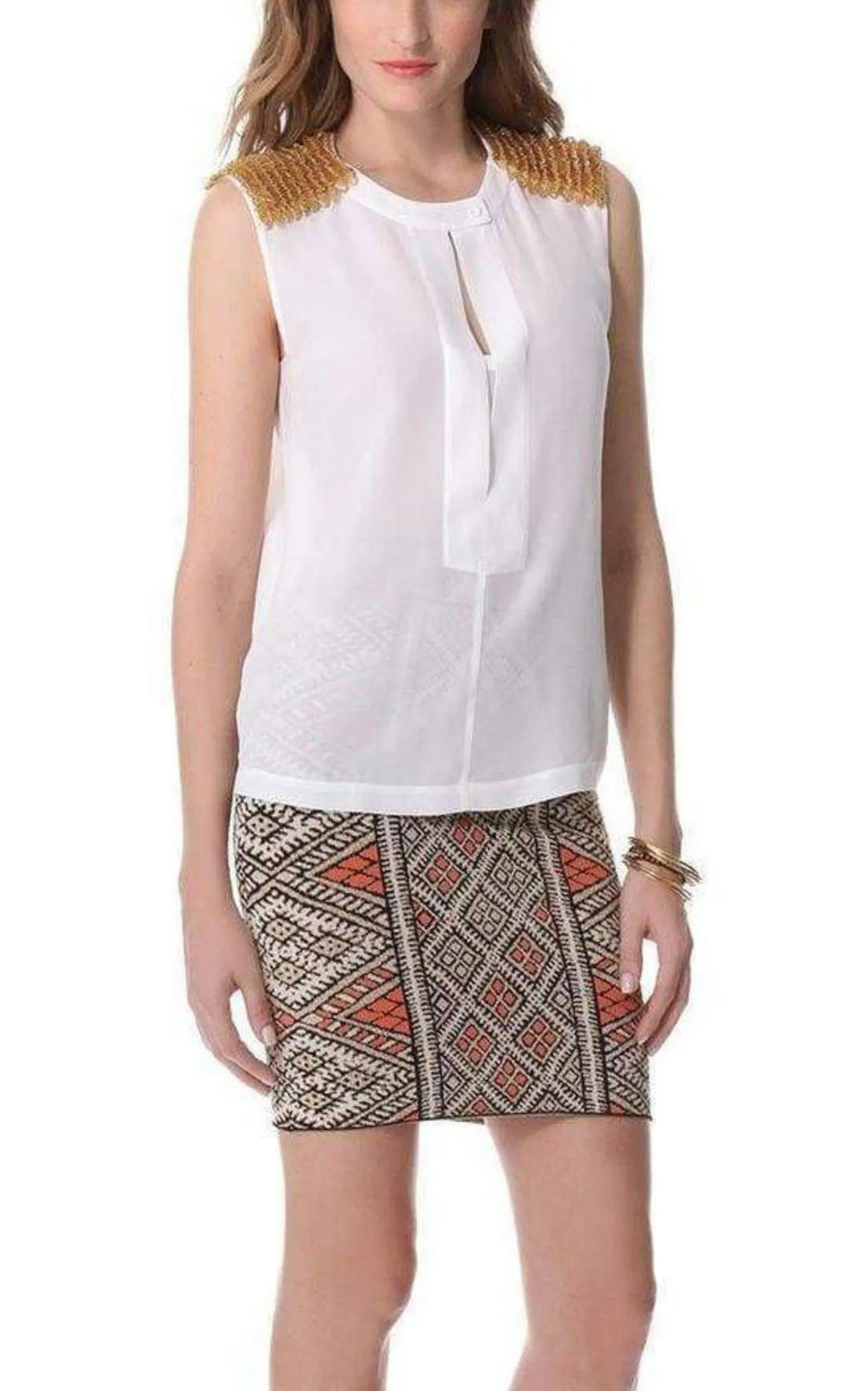 BCBG MAXAZRIA  |Oakley Embellished Shoulder Silk Top