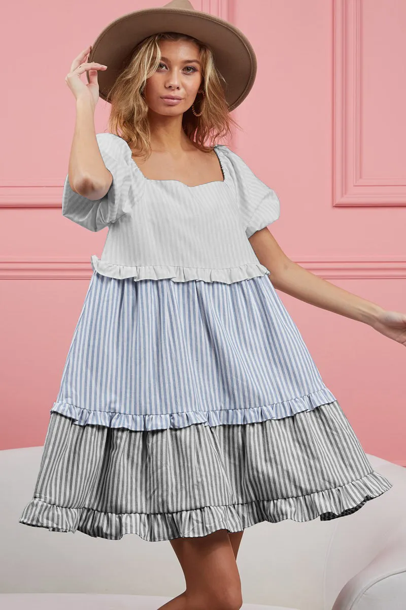 BiBi Striped Ruffle Tiered Mini Dress