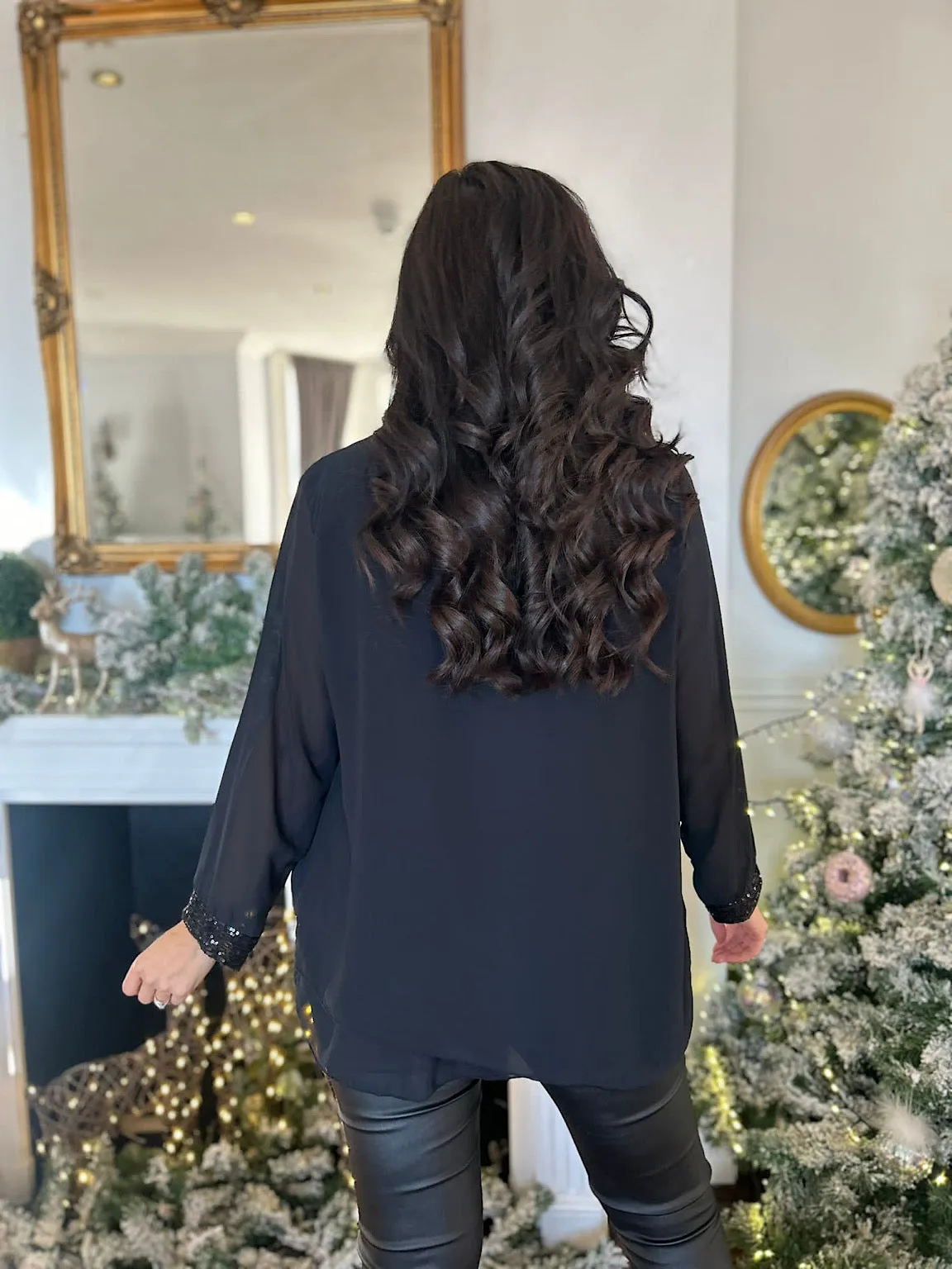 Black Chiffon Sequin Hem Blouse Belle