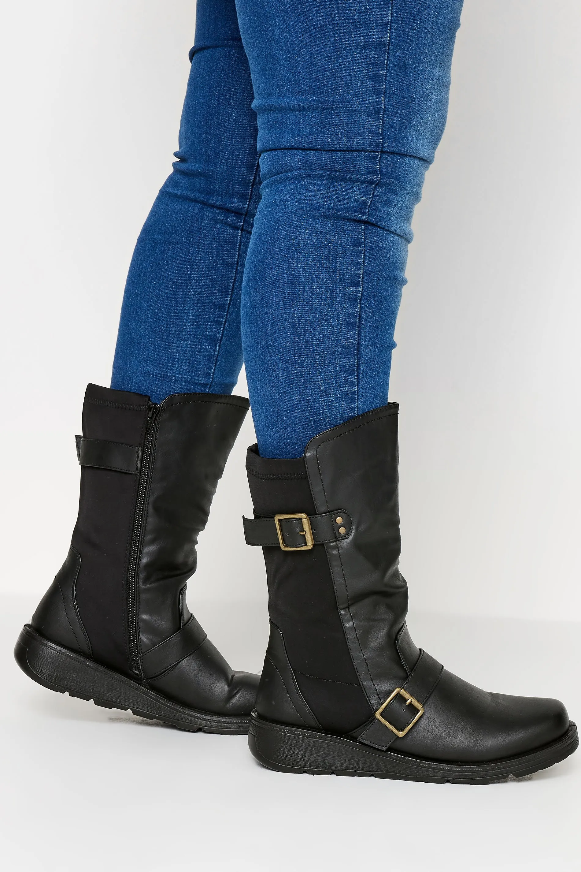 Black Faux Leather Wedge Buckle Boots In Extra Wide EEE Fit