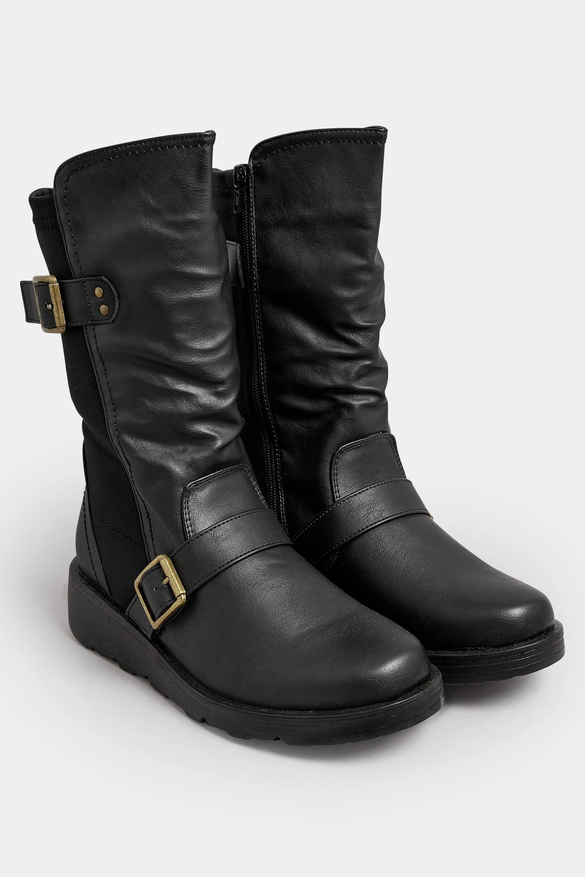 Black Faux Leather Wedge Buckle Boots In Extra Wide EEE Fit