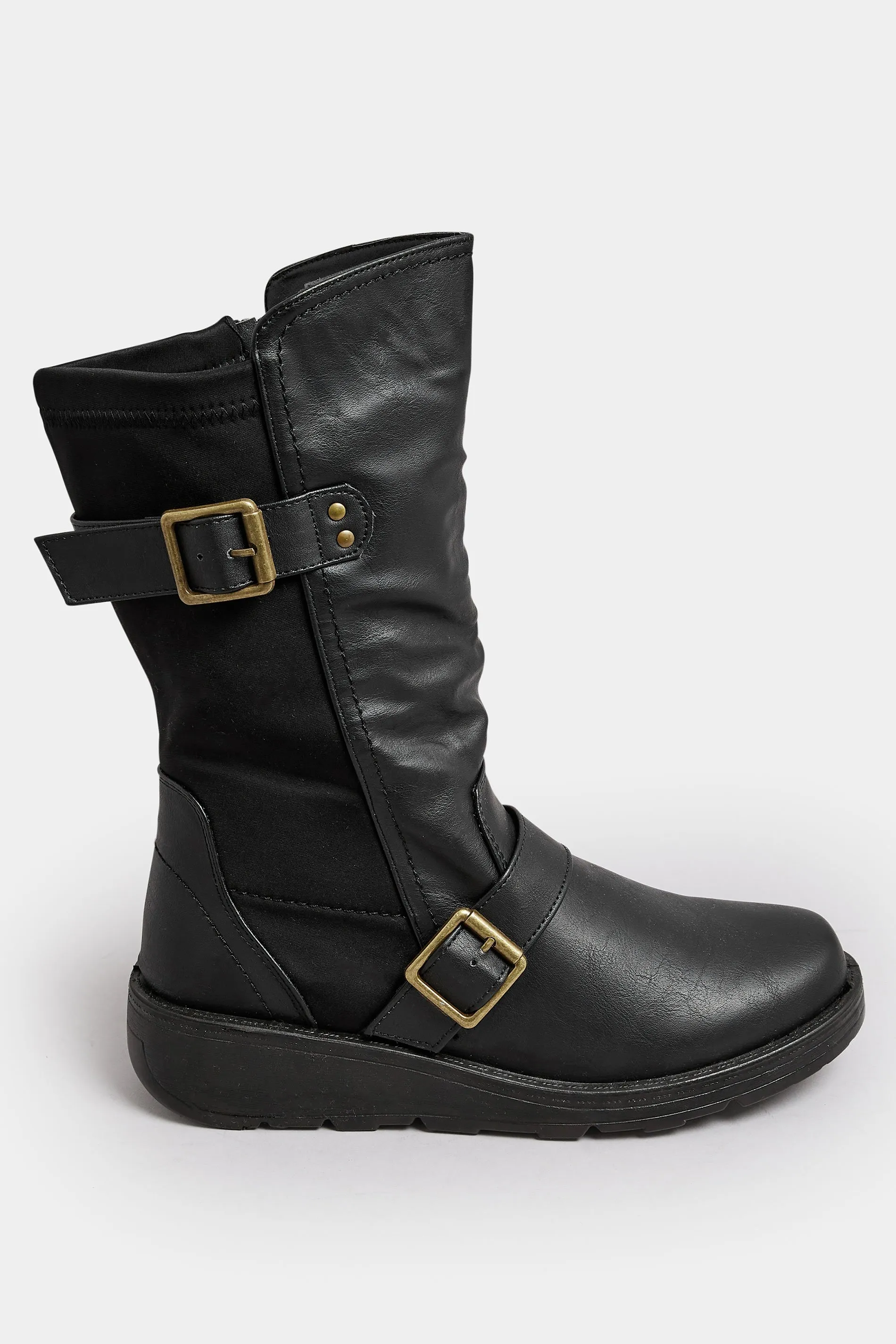 Black Faux Leather Wedge Buckle Boots In Extra Wide EEE Fit