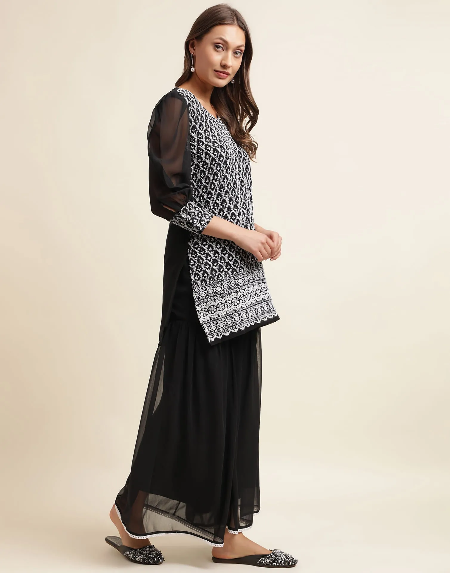 Black  Sequence Georgette Straight Kurta With Pant And Dupatta