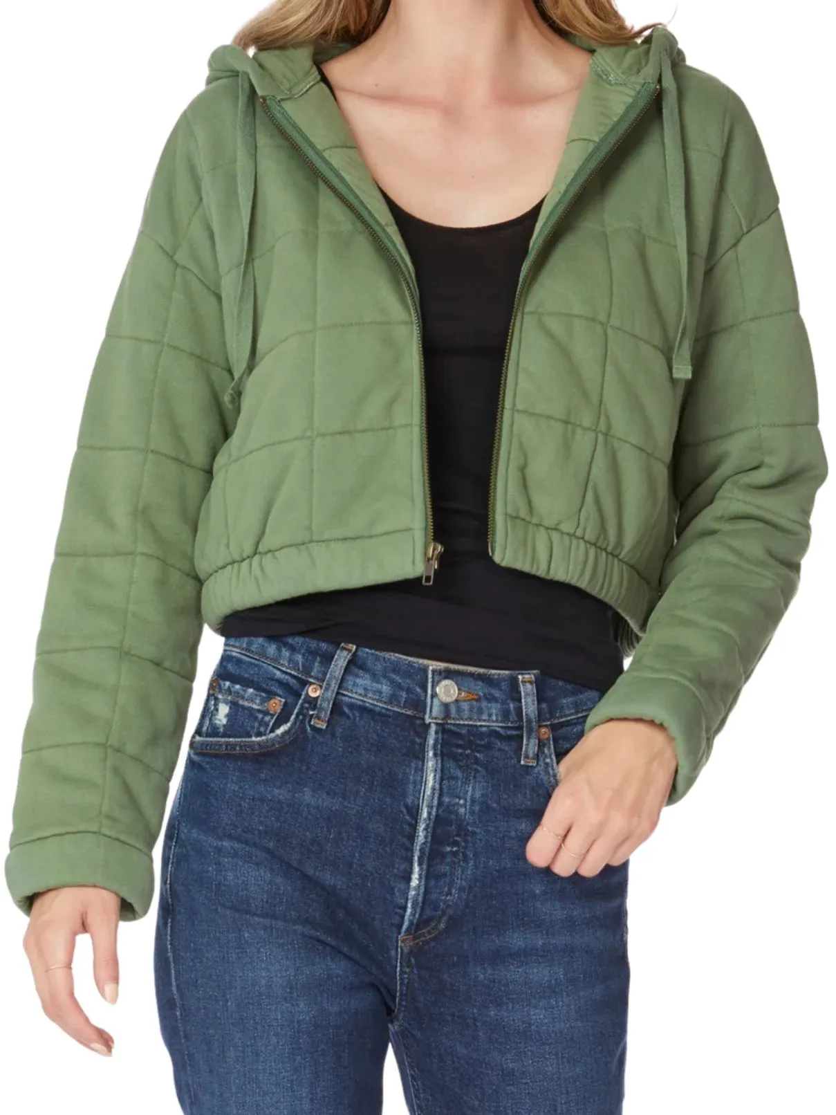 Bobi LA  Zip Front Crop Hoody in Sprout