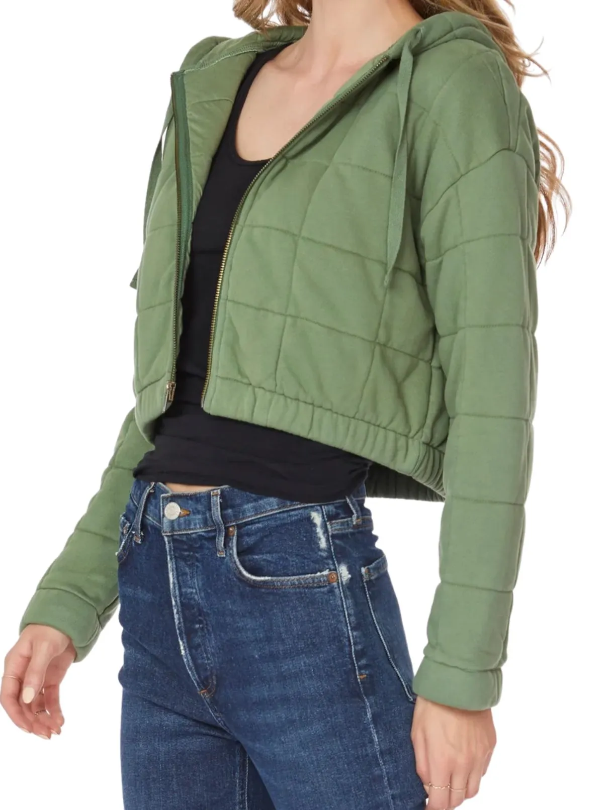 Bobi LA  Zip Front Crop Hoody in Sprout