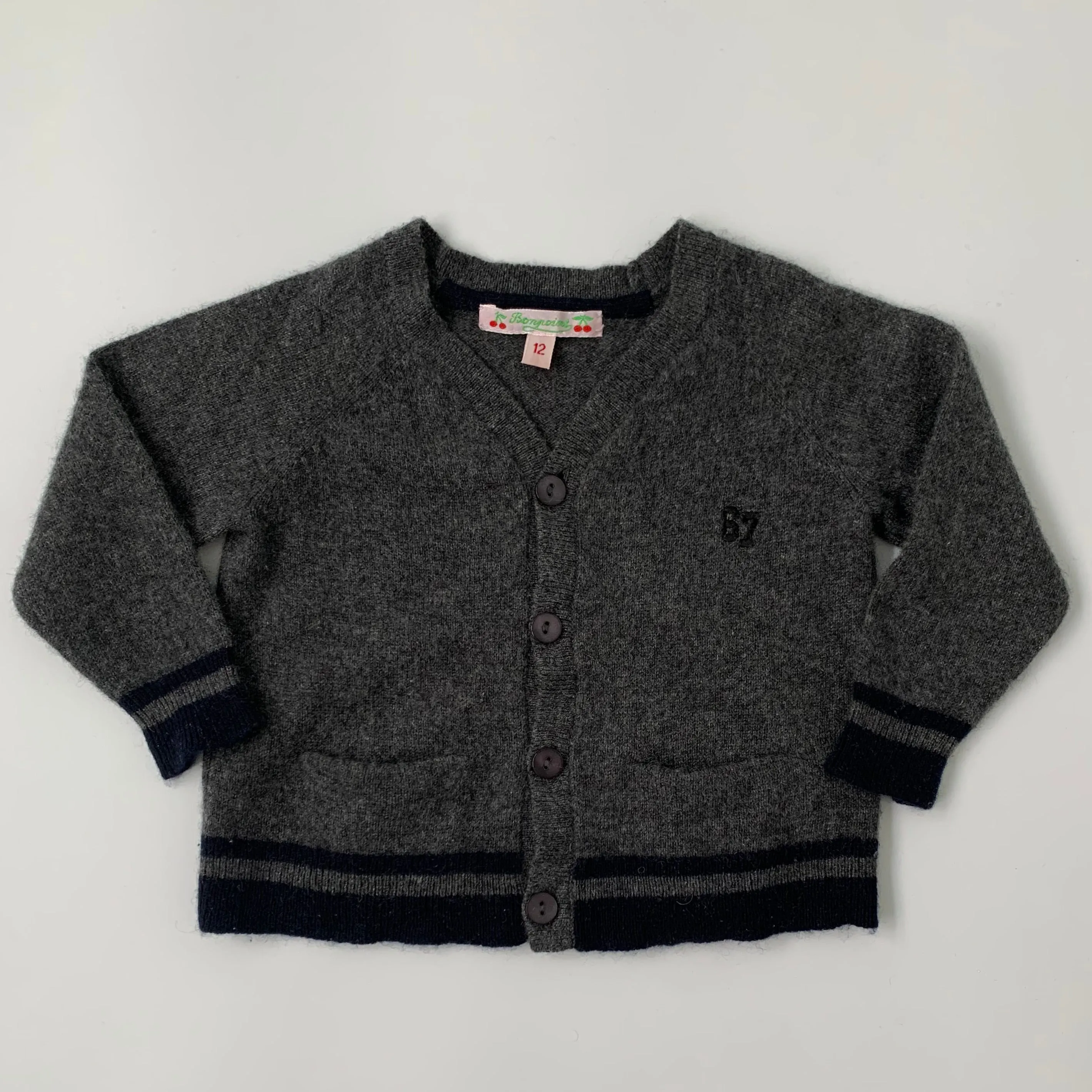 Bonpoint Grey Cashmere Cardigan With Navy Trim: 12 Months