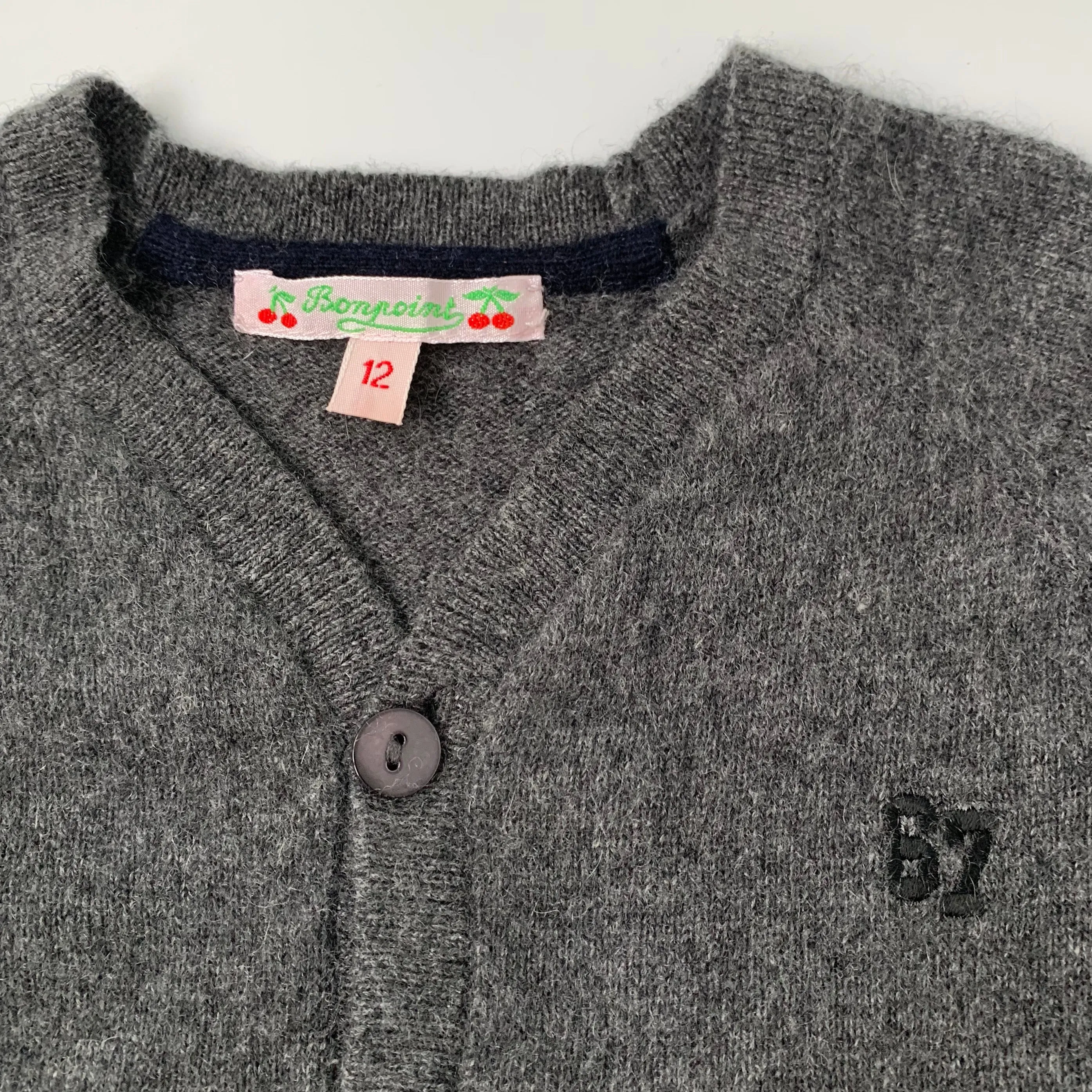 Bonpoint Grey Cashmere Cardigan With Navy Trim: 12 Months