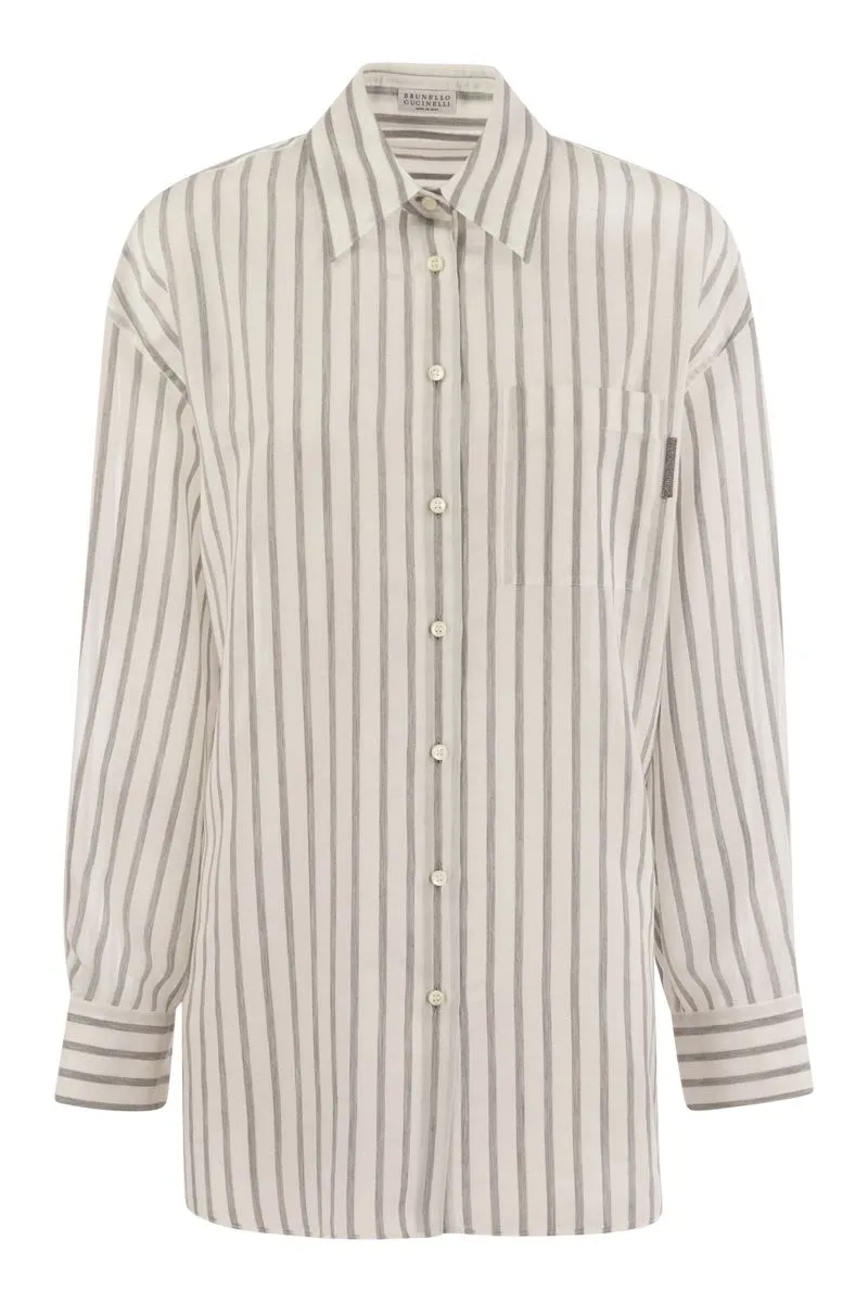 BRUNELLO CUCINELLI Elegant Striped Silk-Cotton Light Knit Shirt with Jewel Accent