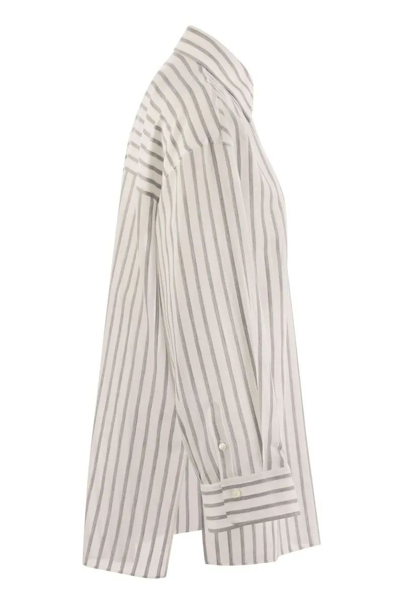 BRUNELLO CUCINELLI Elegant Striped Silk-Cotton Light Knit Shirt with Jewel Accent