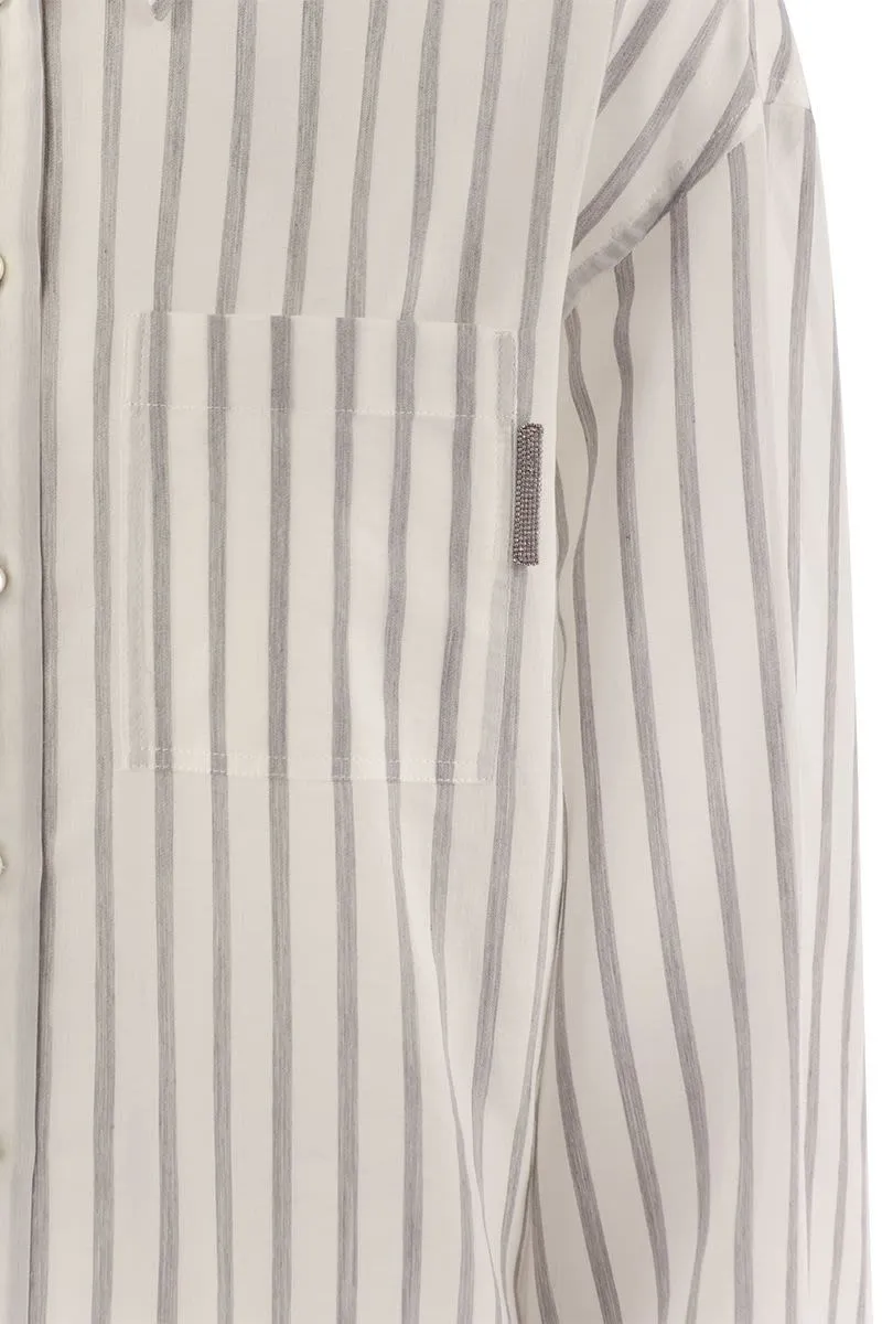 BRUNELLO CUCINELLI Elegant Striped Silk-Cotton Light Knit Shirt with Jewel Accent