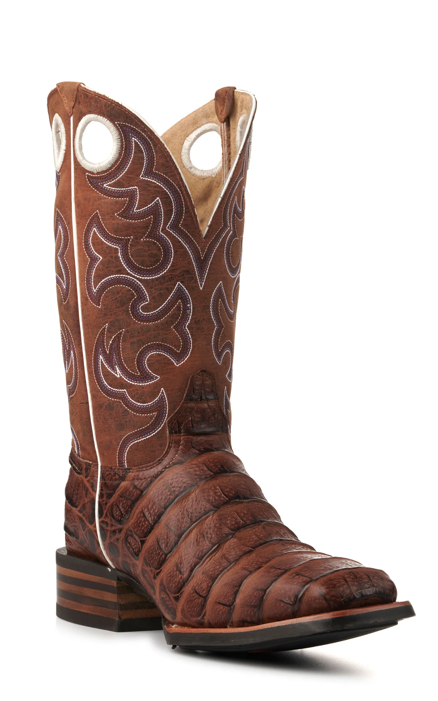 Cavender's Men's Intrepid Brown Giant Caiman Print and Distressed Tan Wide Square Toe Cowboy Boots