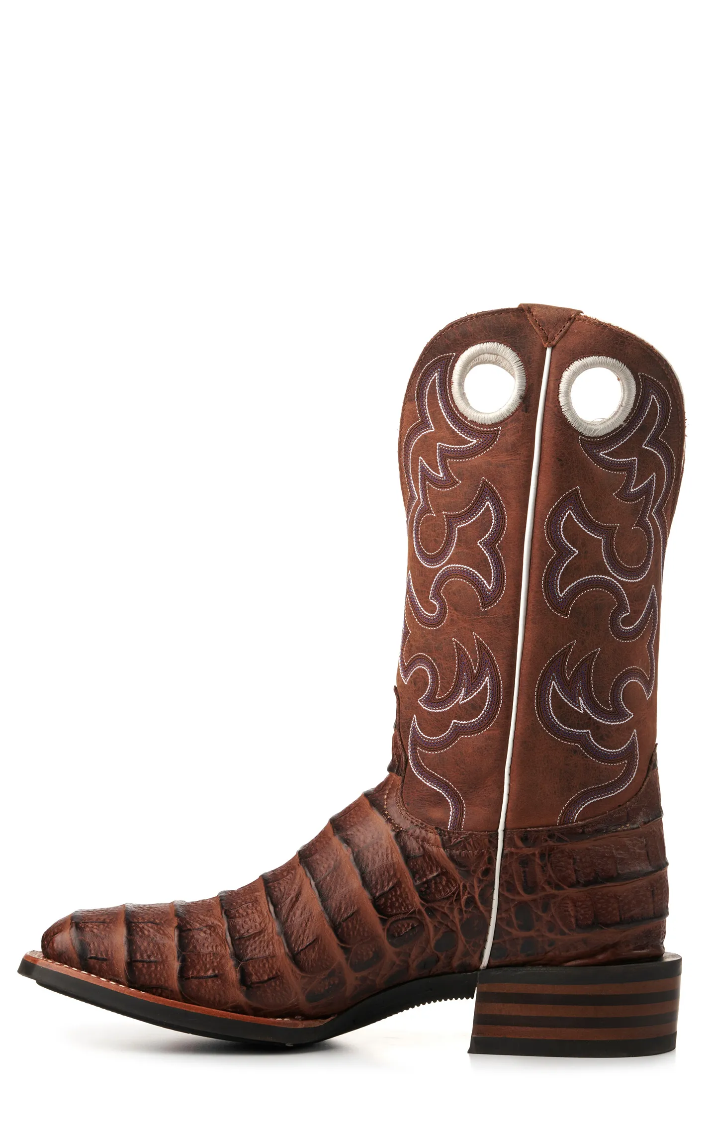 Cavender's Men's Intrepid Brown Giant Caiman Print and Distressed Tan Wide Square Toe Cowboy Boots