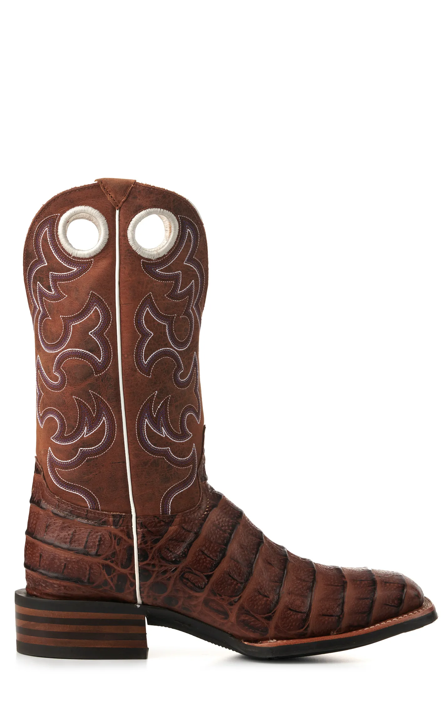 Cavender's Men's Intrepid Brown Giant Caiman Print and Distressed Tan Wide Square Toe Cowboy Boots