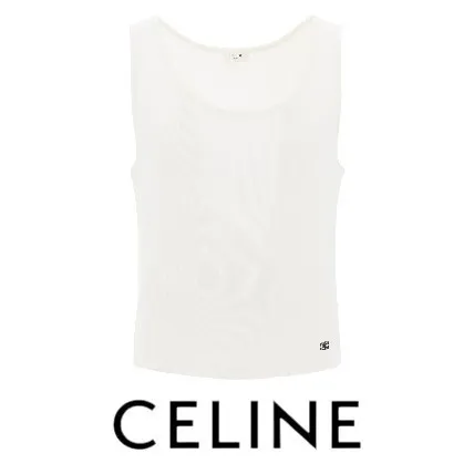 CELINE  |Silk Street Style Plain Cotton Logo Luxury Tanks