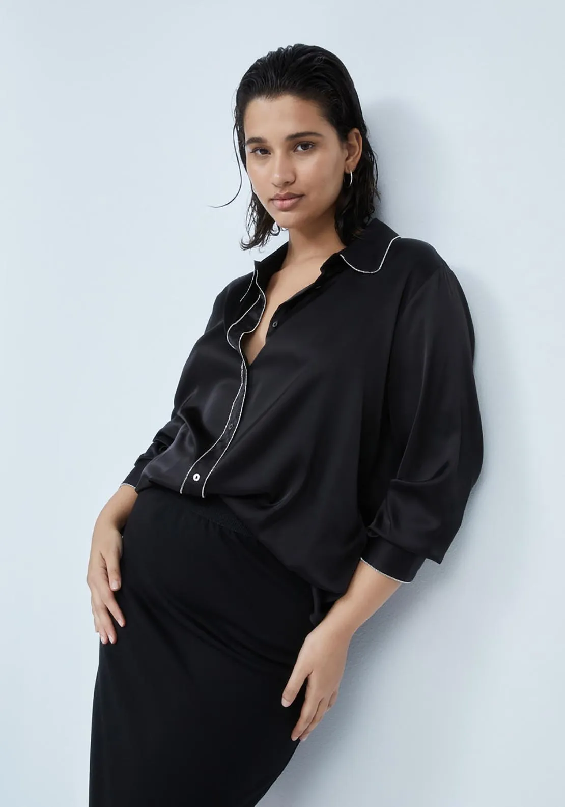 Chanin Detail Satin Blouse - Black