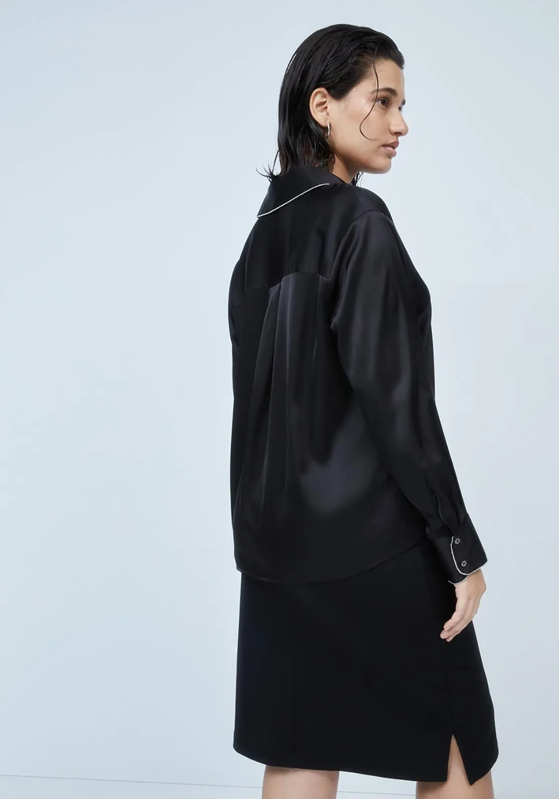 Chanin Detail Satin Blouse - Black