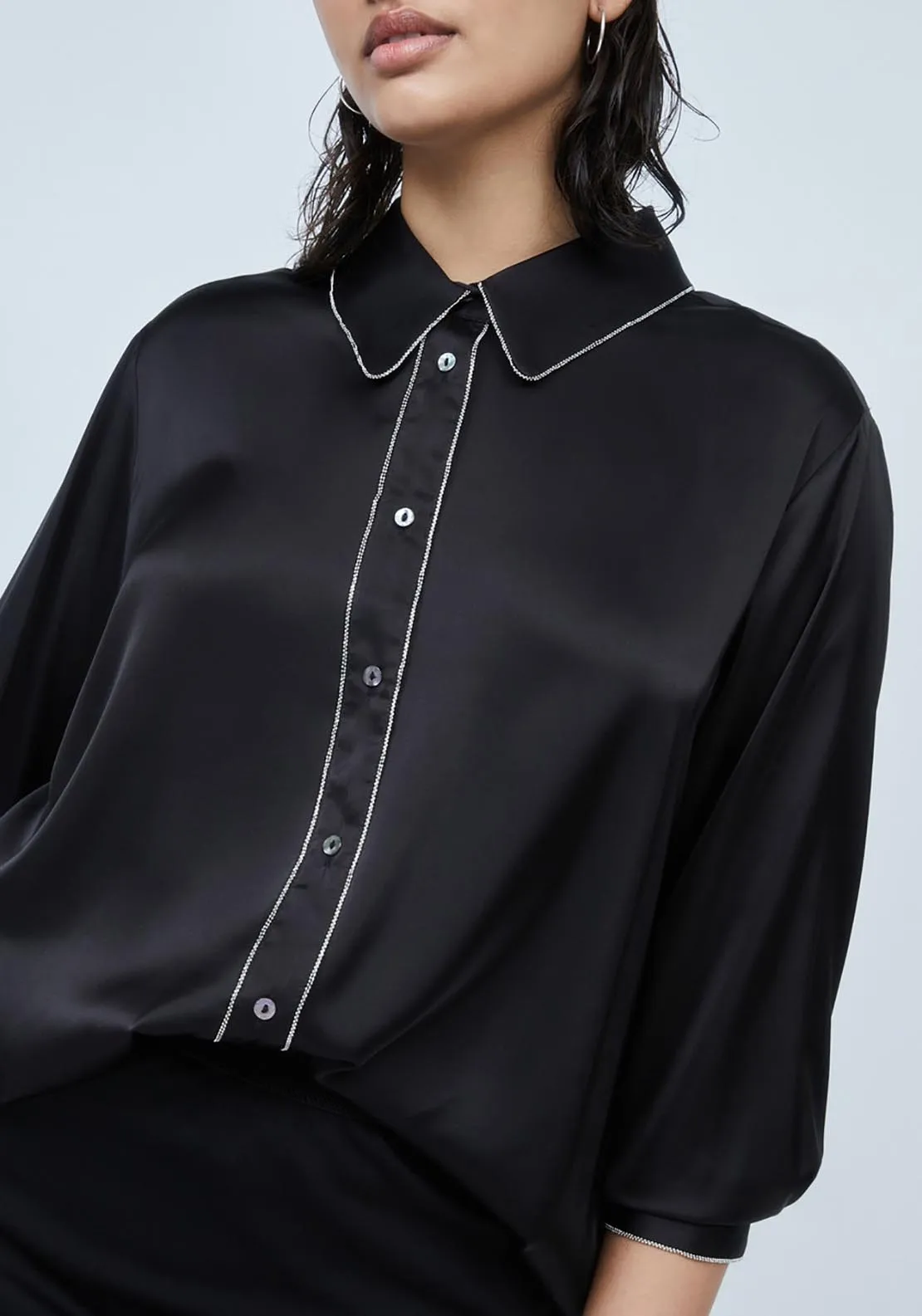 Chanin Detail Satin Blouse - Black