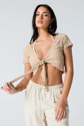 Crochet Front Tie Short Sleeve Cardigan