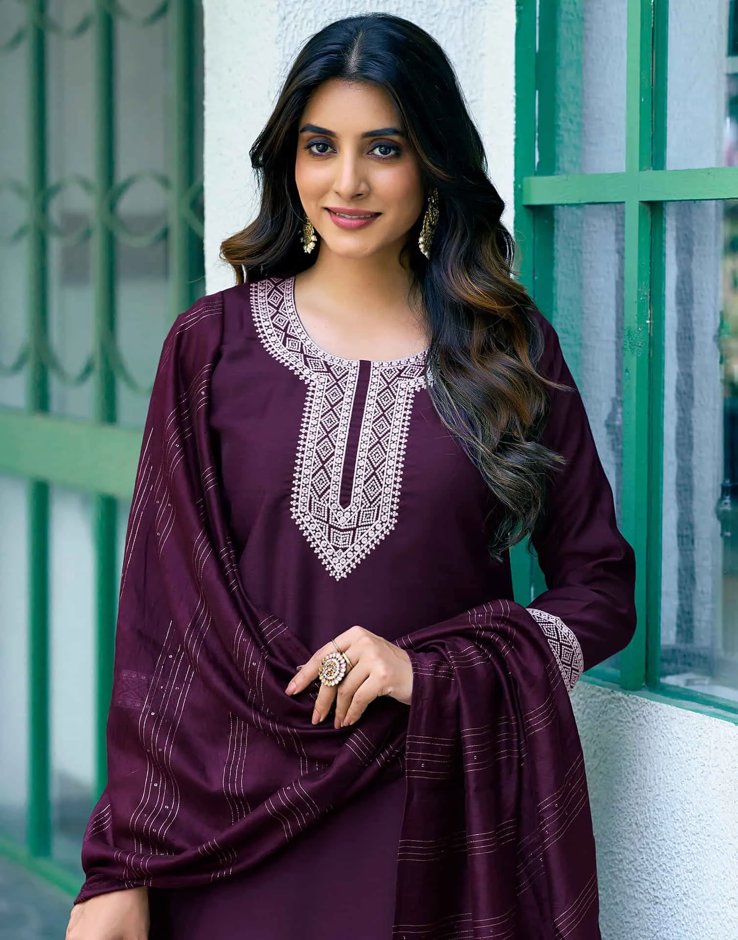 Deep Purple Sequence Silk Straight Kurta With Pant And Dupatta