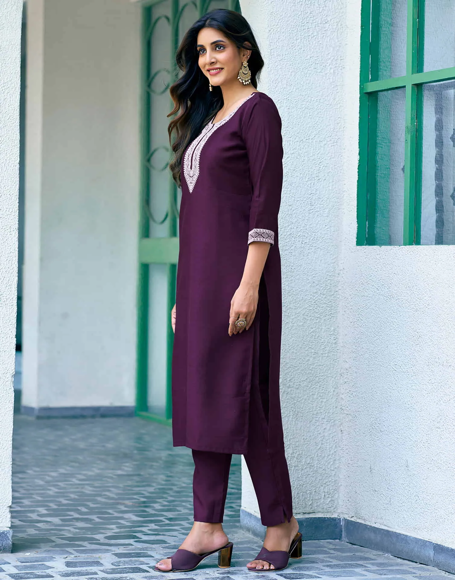 Deep Purple Sequence Silk Straight Kurta With Pant And Dupatta