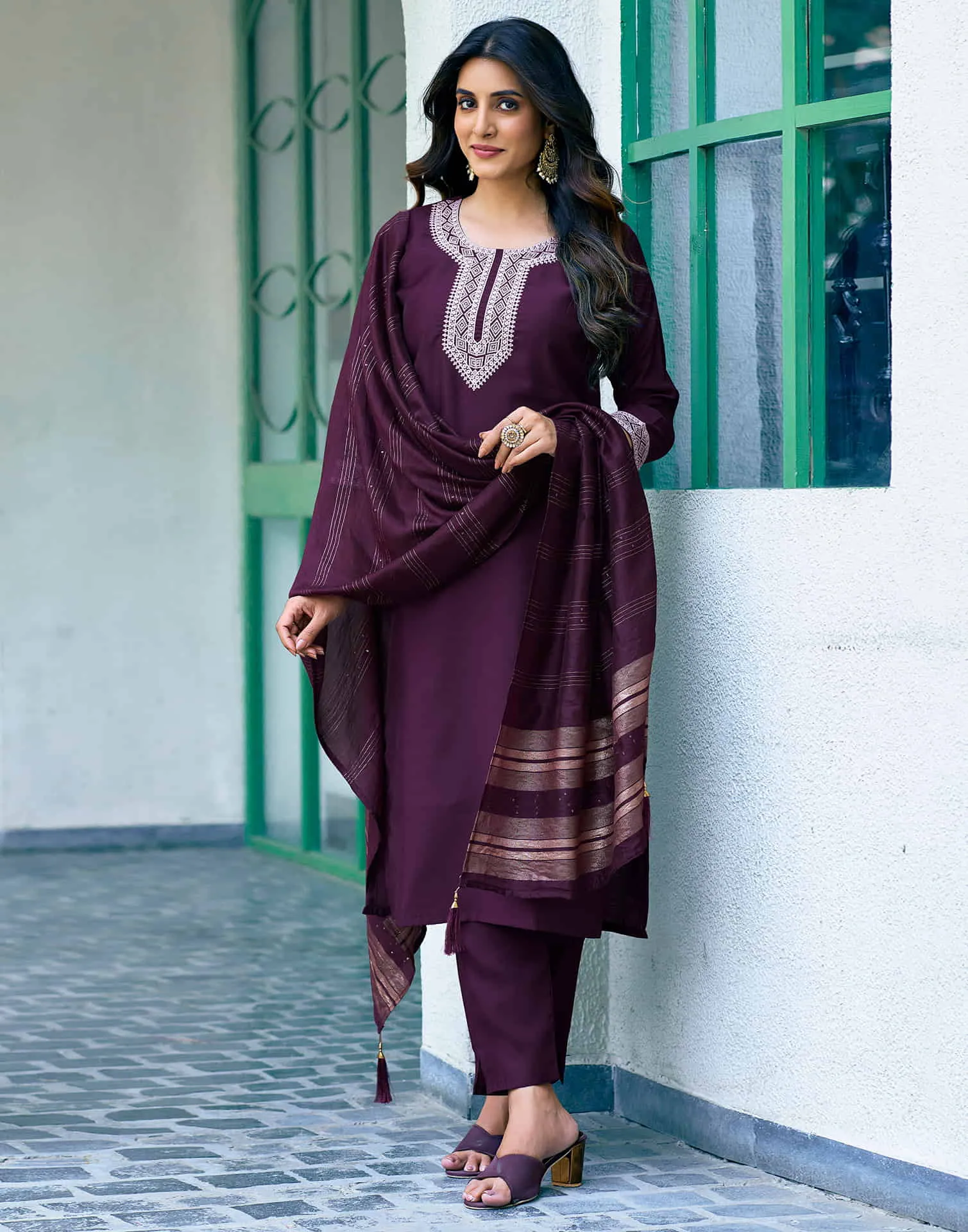 Deep Purple Sequence Silk Straight Kurta With Pant And Dupatta