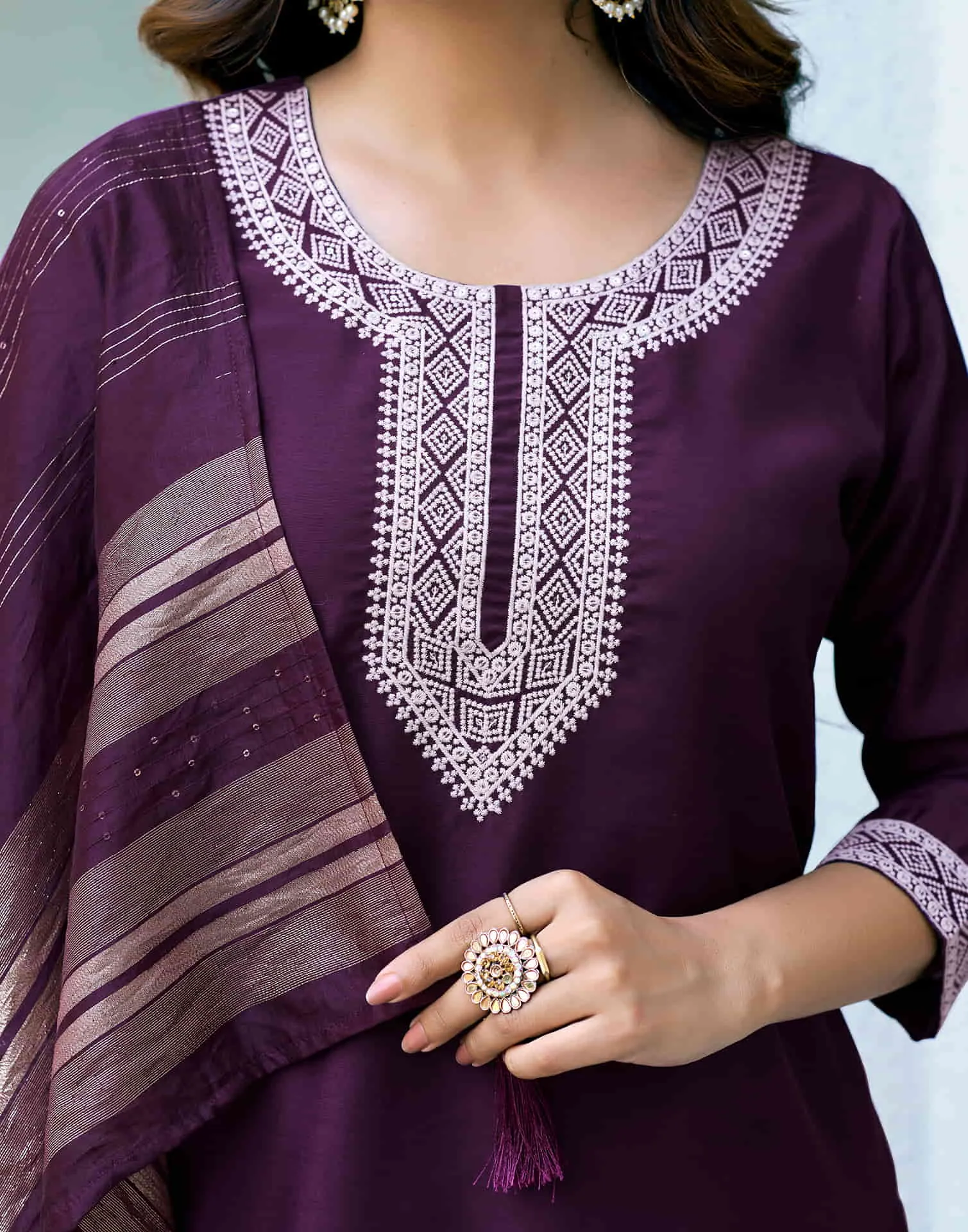 Deep Purple Sequence Silk Straight Kurta With Pant And Dupatta