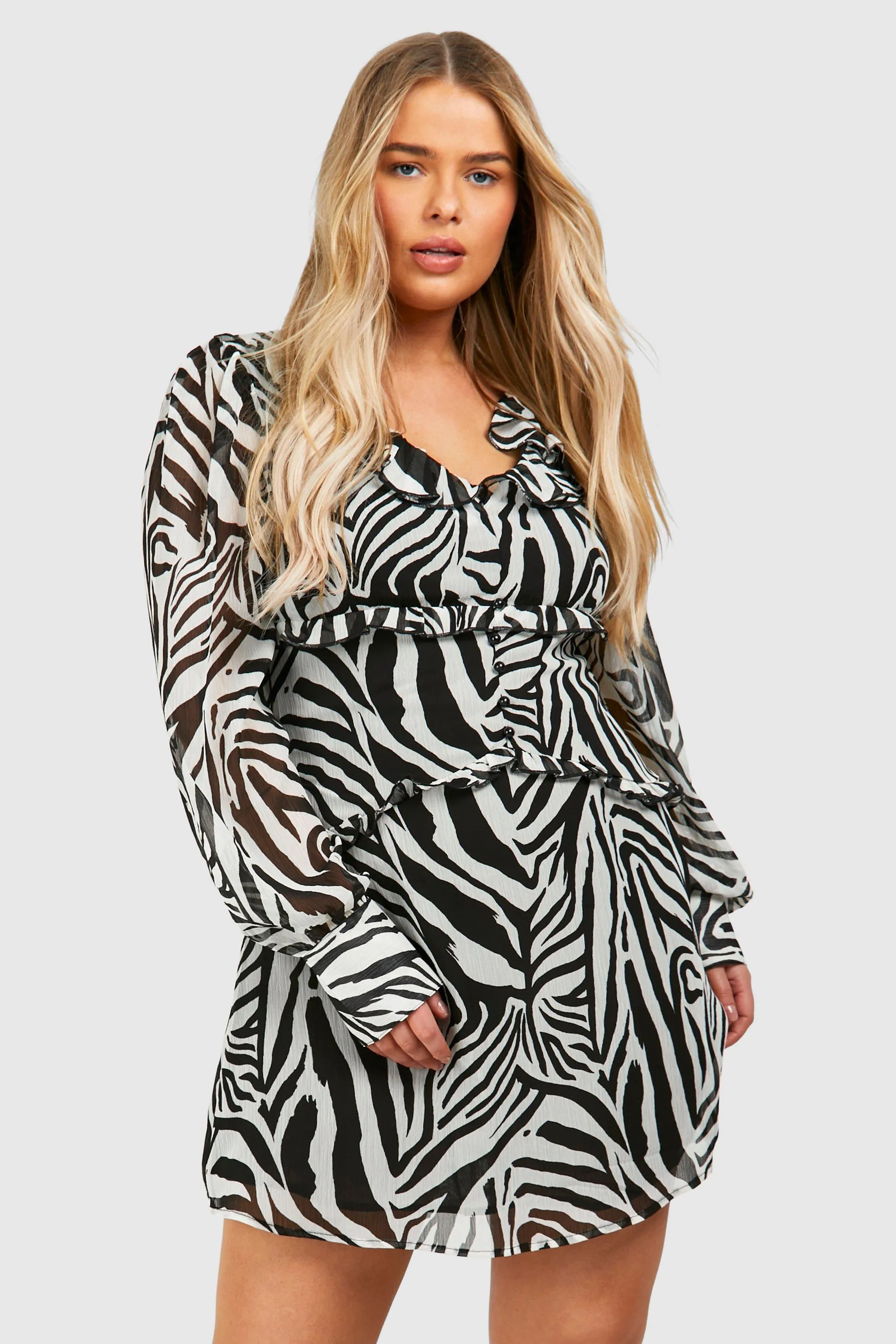 Dresses | Plus Woven Zebra Print Ruffle Detail Long Sleeve Mini Dress | boohoo