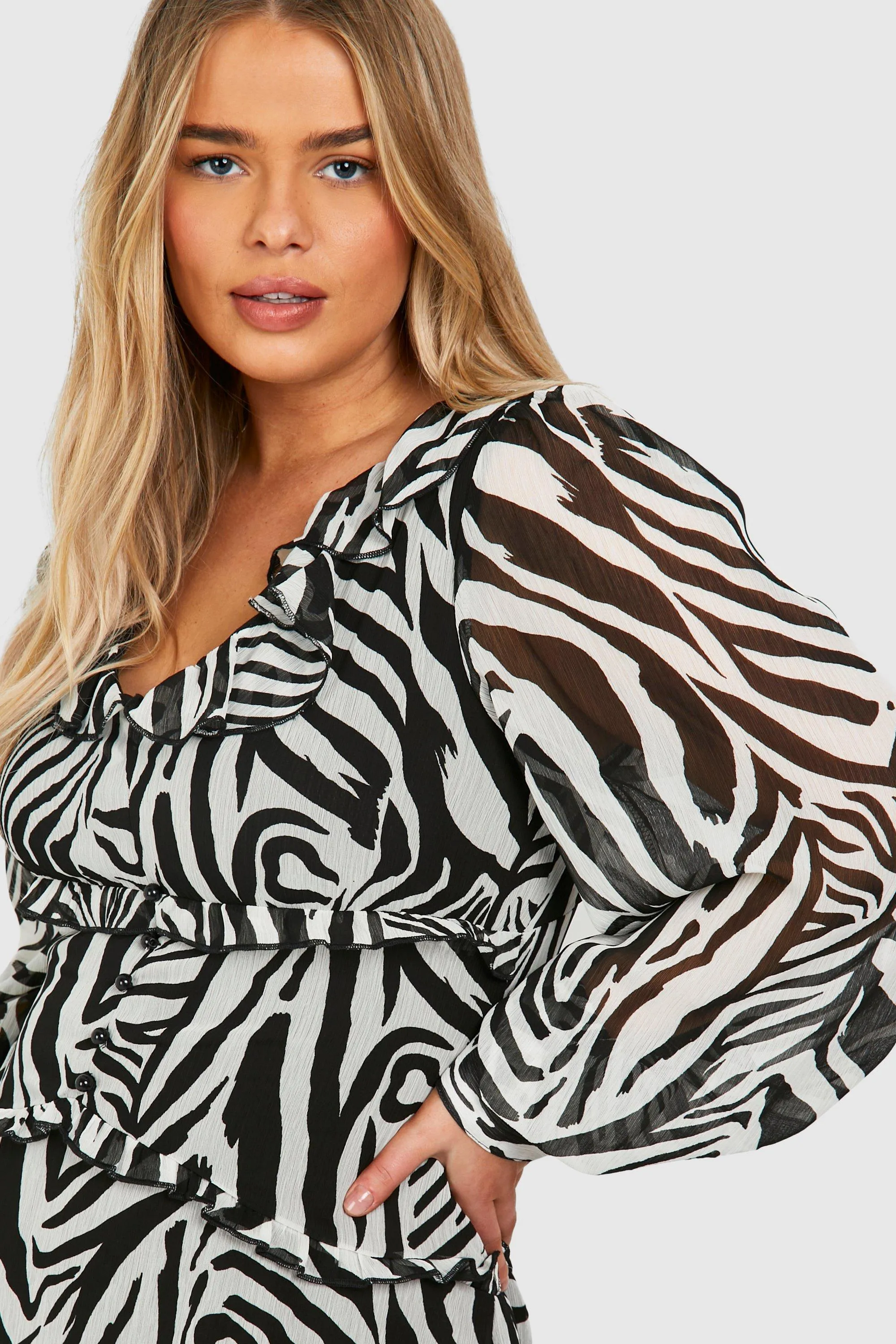 Dresses | Plus Woven Zebra Print Ruffle Detail Long Sleeve Mini Dress | boohoo