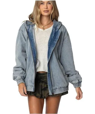 Edikted Women's Hooded Vintage Washed Denim Bomber Jacket