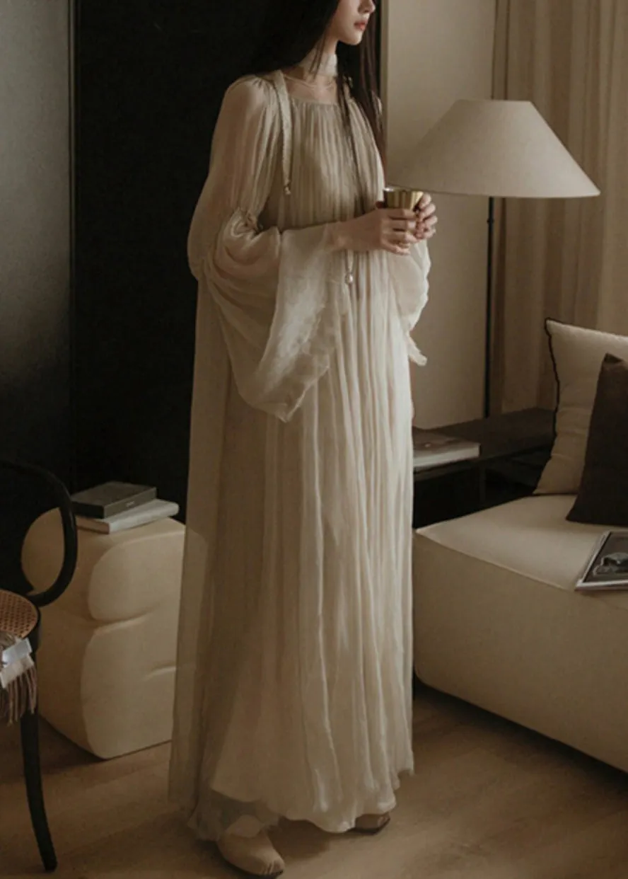 Elegant White Solid Wrinkled Silk Cotton Long Dress Flare Sleeve AB1057