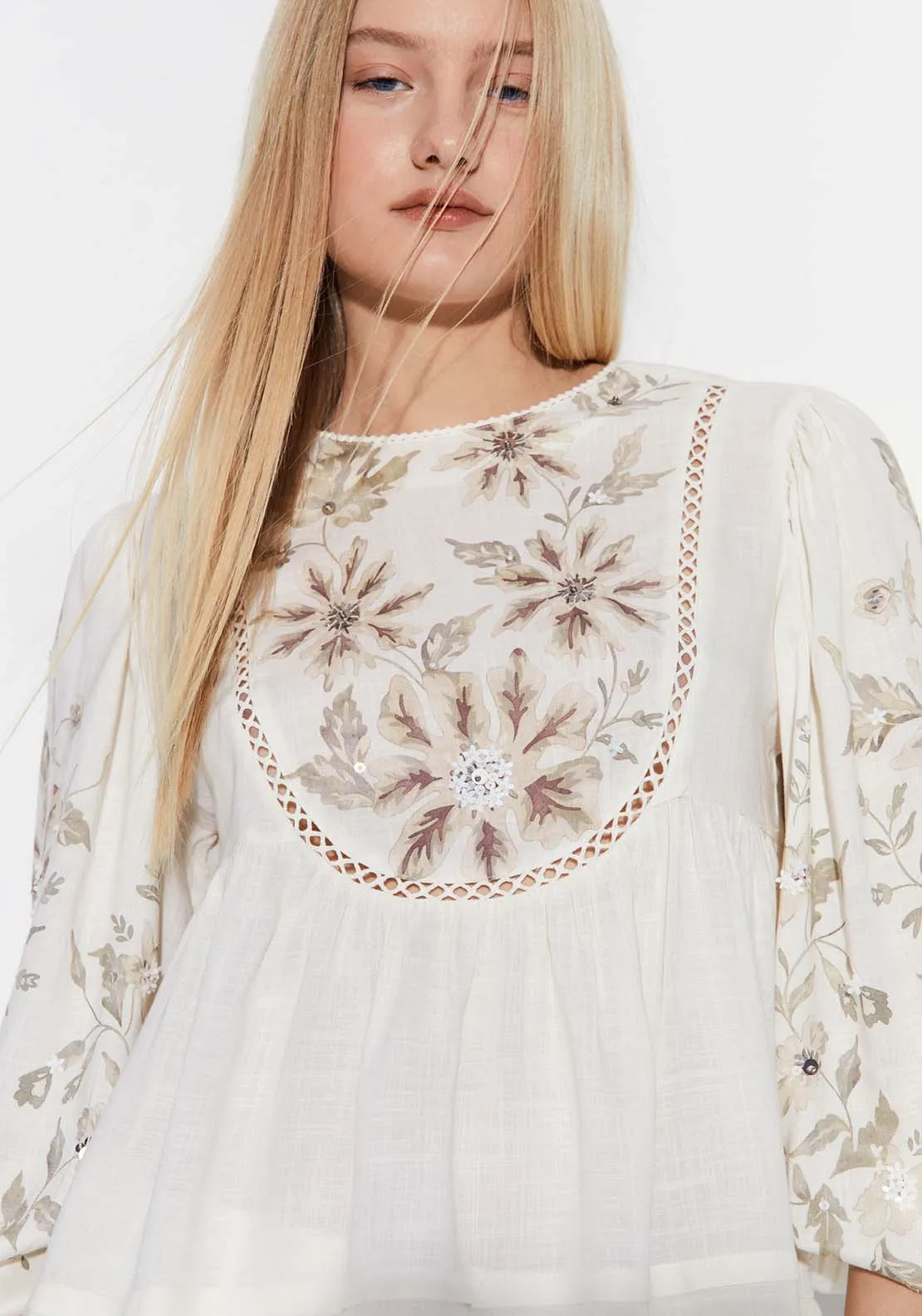 Embroidered print blouse - Ecru