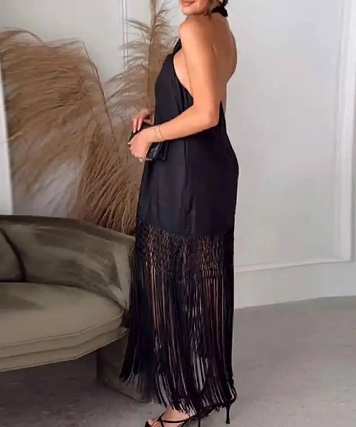 Fringe Skirt Halter Linen Dress In Black