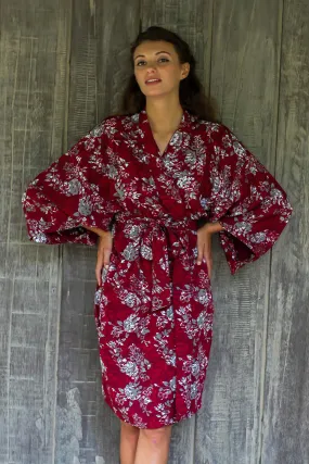 Gorgeous in Claret Grey Batik Bali Flowers on Claret Color Rayon Short Robe