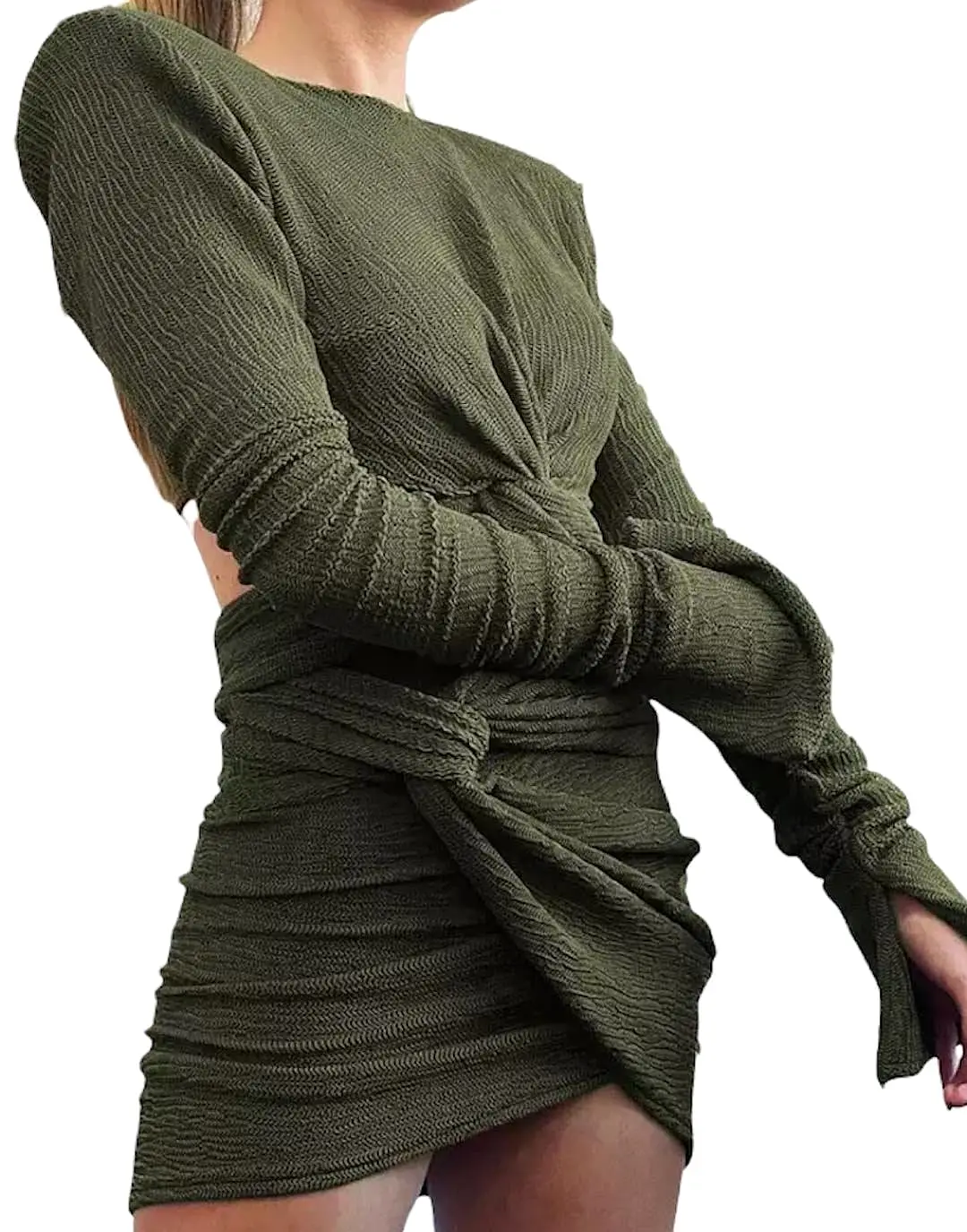 Green Crinkled Knit Skirt Set