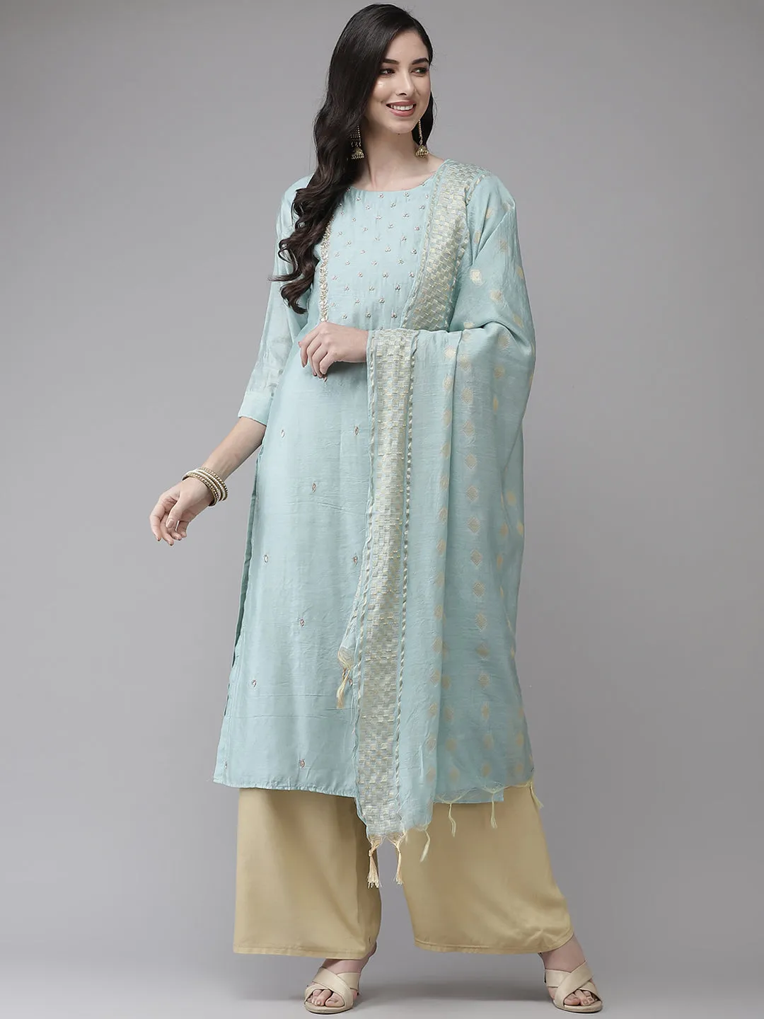 Ishin Women's Cotton Silk Sea Green Embroidered A-Line Kurta With Dupatta