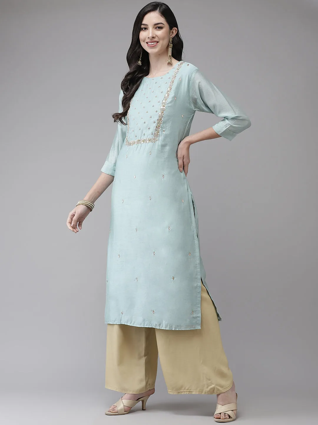 Ishin Women's Cotton Silk Sea Green Embroidered A-Line Kurta With Dupatta